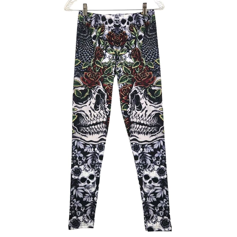 Juniors Skulls Leggings Sz Medium Gothic Roses Birds Witchy Art Rocker Halloween